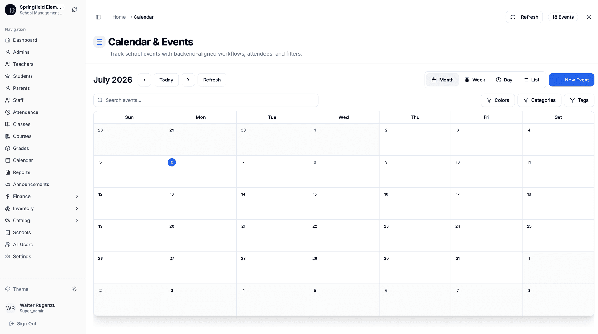 Isikole Calendar screen